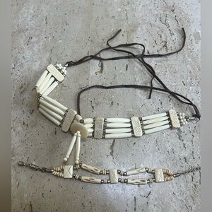 Vintage Native American Carved Buffalo Bone Choker and Bracelet Set